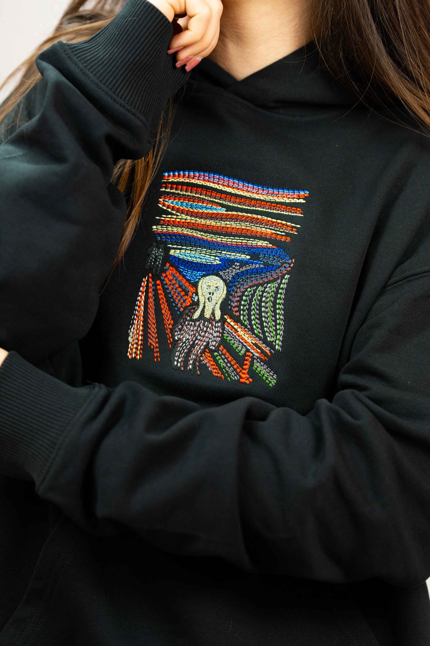 Organic cotton hoodie with "The Scream" embroidery, heavyweight French terry fabric, oversized unisex fit, 400 g/m².