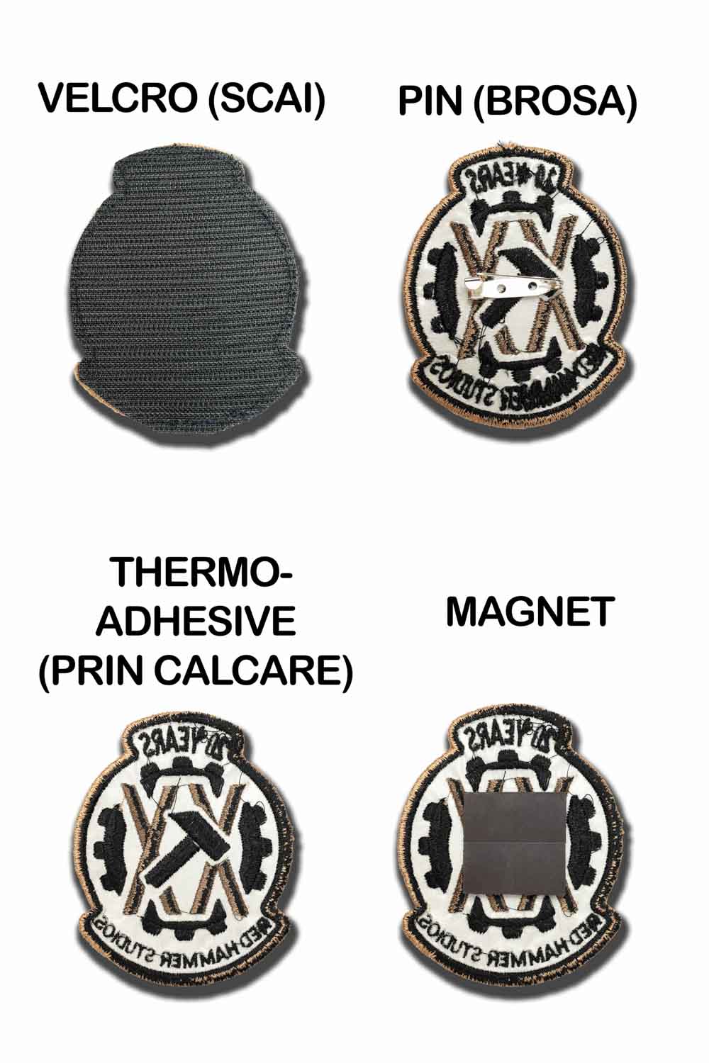 Ghid explicativ pentru patch-uri brodate care prezintă diferitele sisteme de prindere: velcro, pin, magnet și termoadeziv.