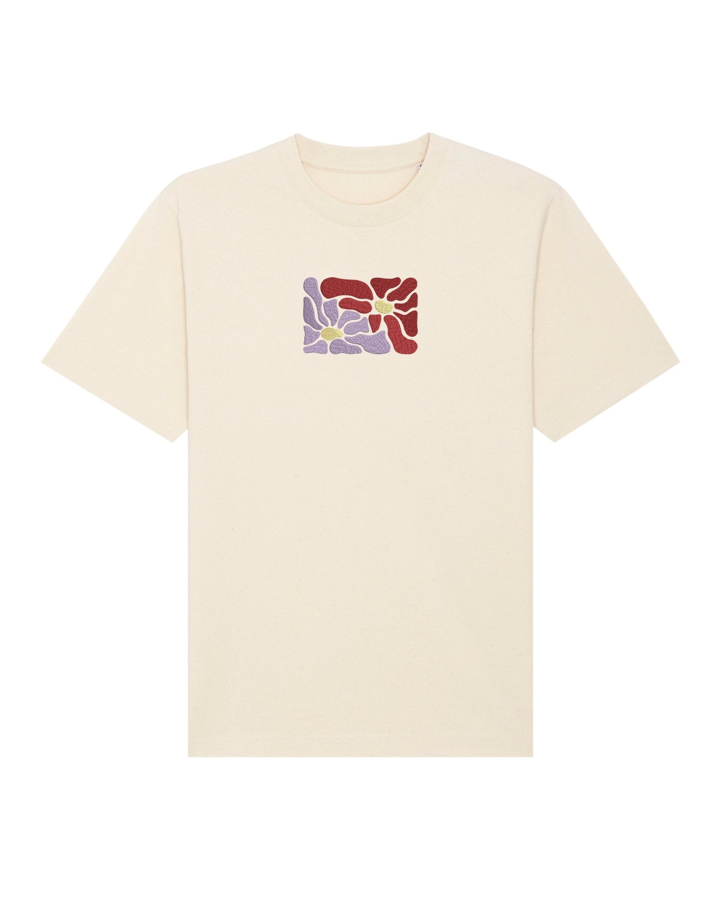 Women’s oversized organic cotton t-shirt with bespoke floral embroidery.