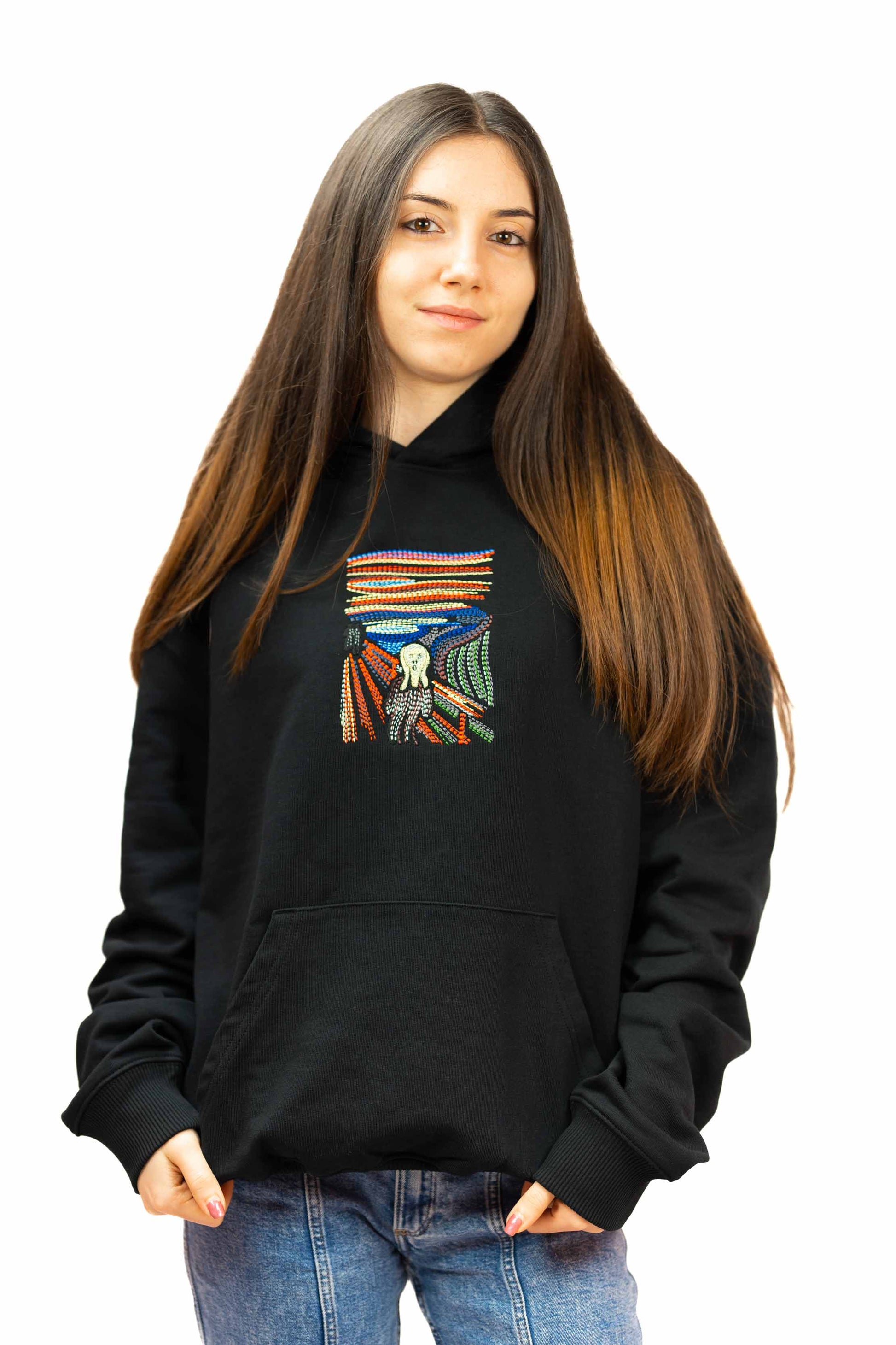 Oversized unisex hoodie with "The Scream" embroidery, luxury heavyweight French terry fabric, kangaroo pocket, and ribbed sleeves.