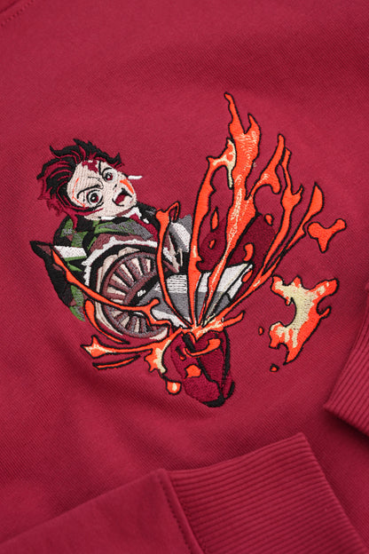 Red closeup image of embroidery Tanjiro Hoodie - Stitchdom