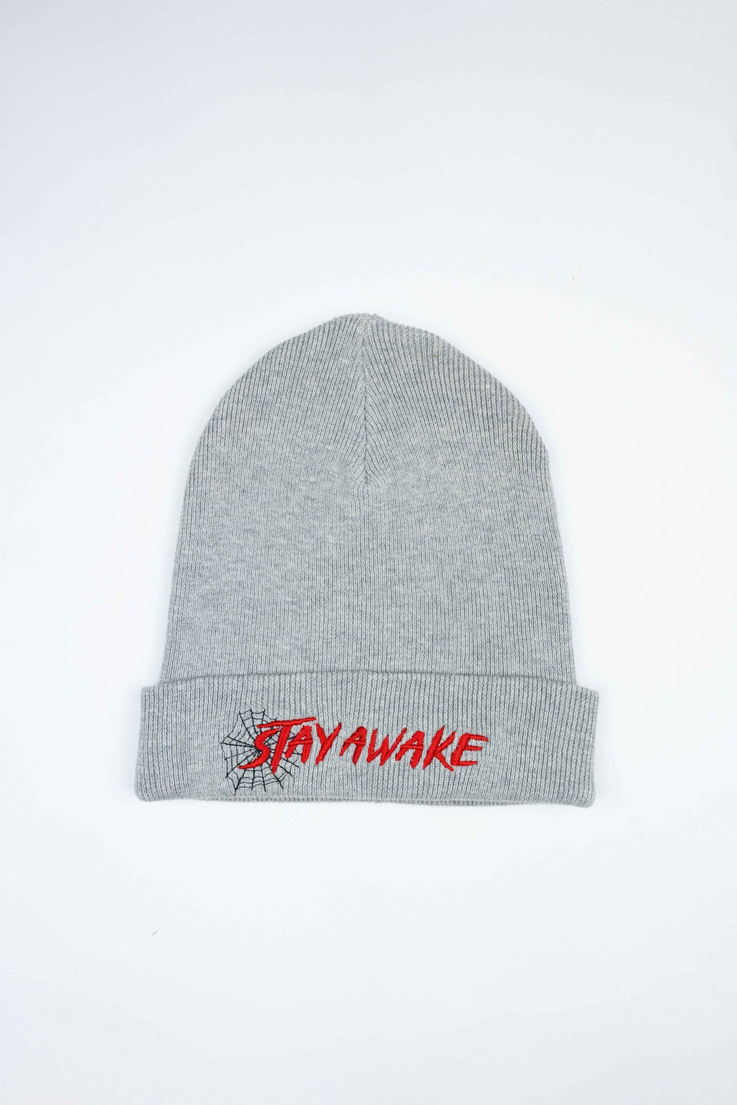 Gray organic cotton beanie featuring Stay Awake text design.