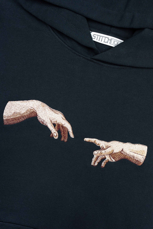 Unisex organic cotton hoodie featuring The Creation of Adam.