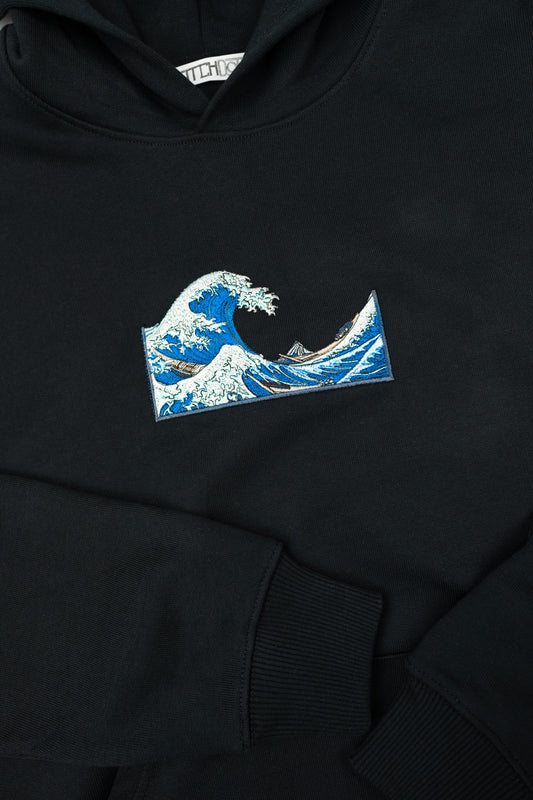 Unisex organic cotton hoodie featuring The Great Wave off Kanagawa design.