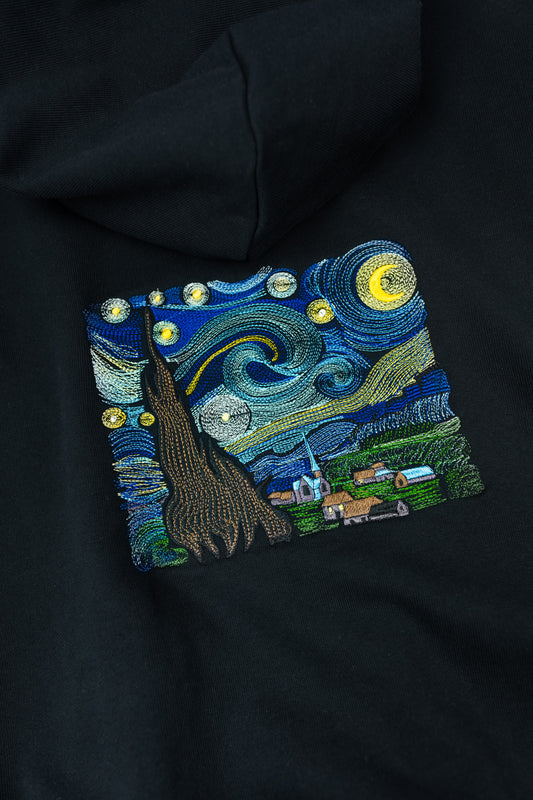 Unisex organic cotton hoodie featuring The Starry Night design.