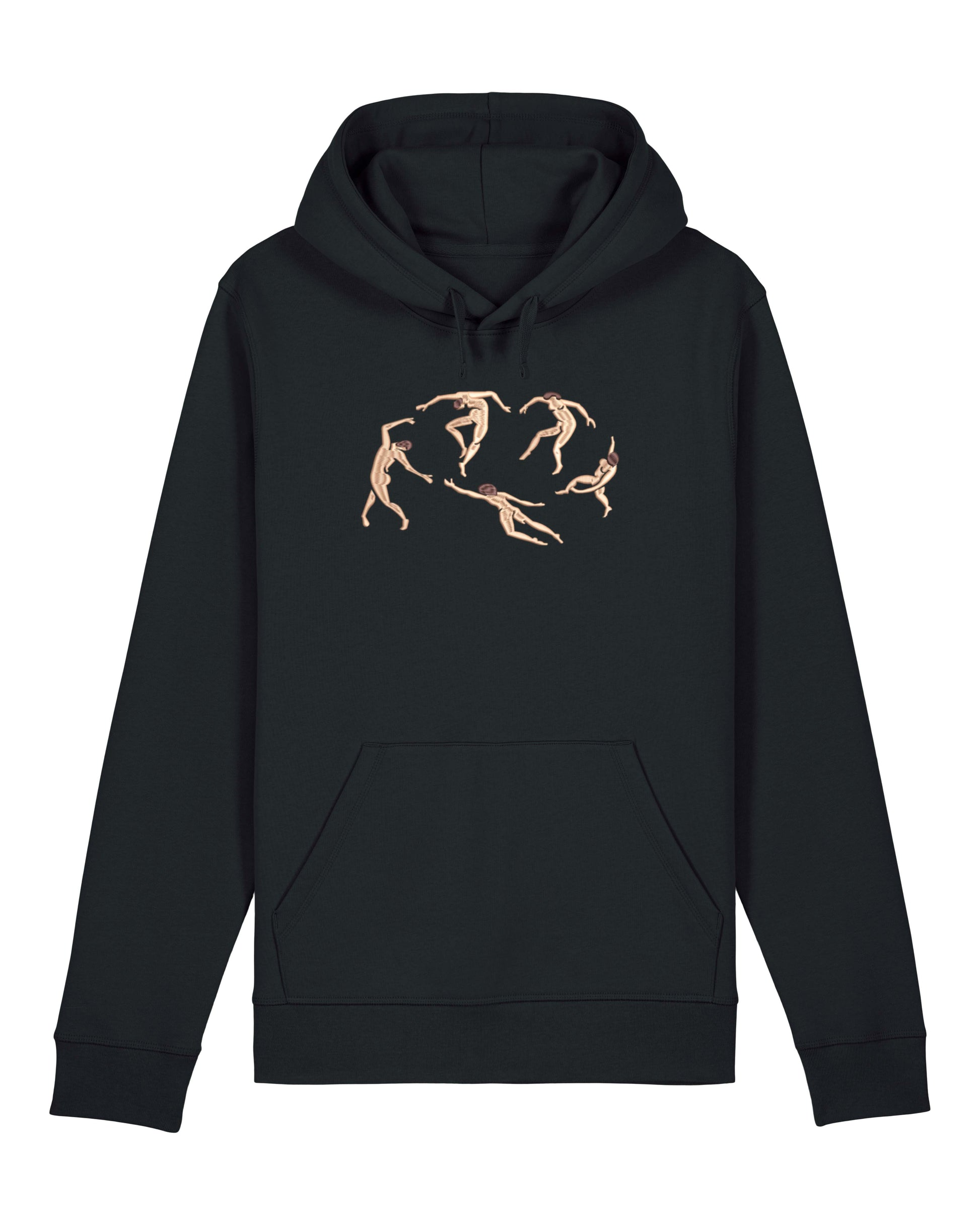Aesthetic unisex hoodie with embroidered artwork inspired by Henri Matisse. The design showcases five abstract dancers in earthy tones, stitched onto premium black fabric.