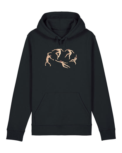 Aesthetic unisex hoodie with embroidered artwork inspired by Henri Matisse. The design showcases five abstract dancers in earthy tones, stitched onto premium black fabric.