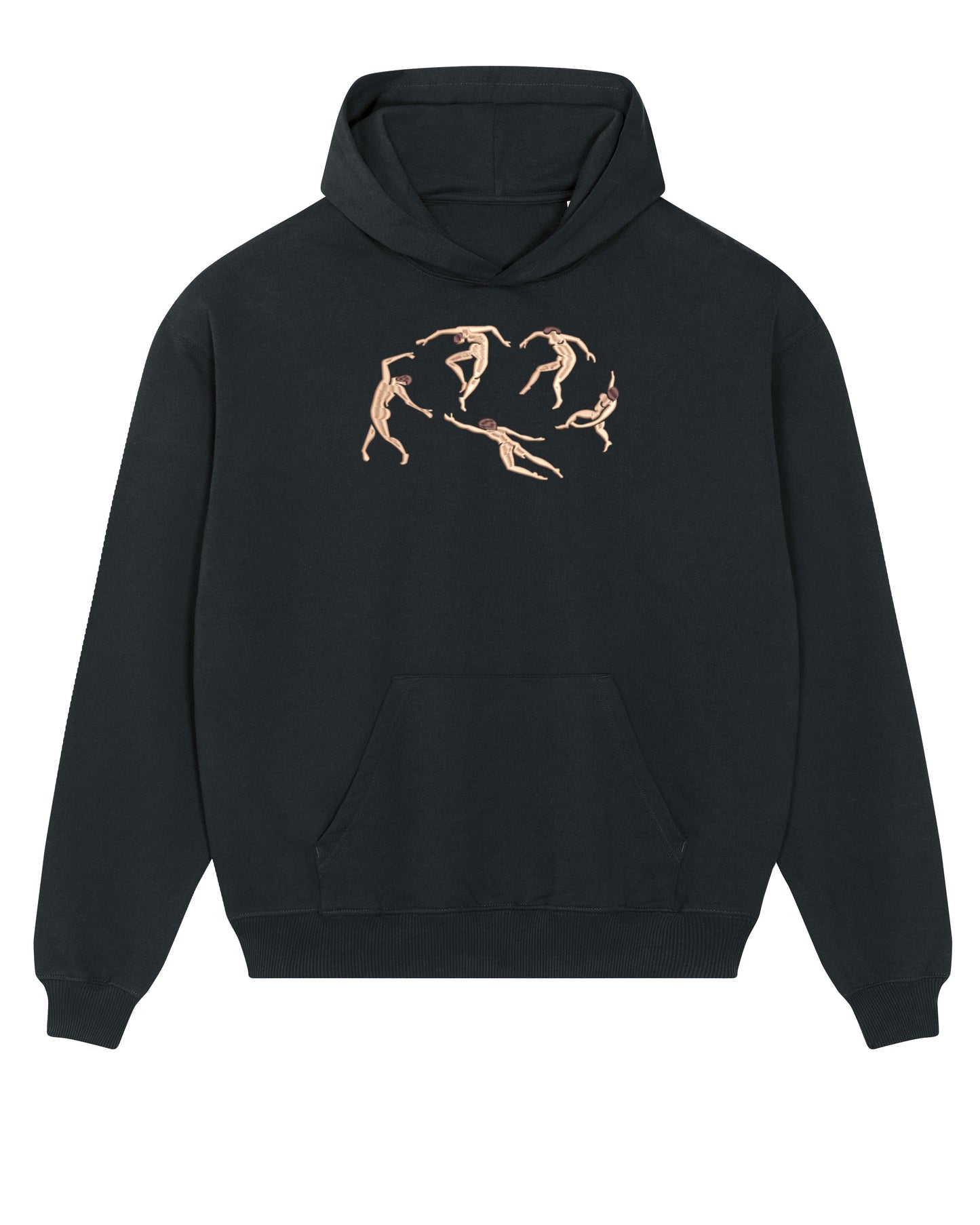 Art-inspired hoodie with a detailed embroidered composition of fluid, minimalist human figures. Inspired by Matisse’s "The Dance," this design blends vintage and contemporary fashion.