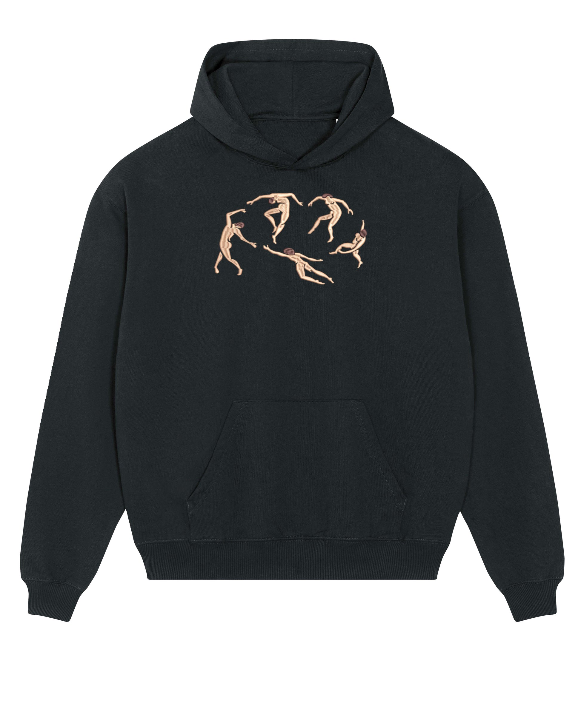 Art-inspired hoodie with a detailed embroidered composition of fluid, minimalist human figures. Inspired by Matisse’s "The Dance," this design blends vintage and contemporary fashion.