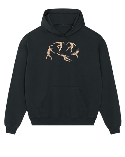 Art-inspired hoodie with a detailed embroidered composition of fluid, minimalist human figures. Inspired by Matisse’s "The Dance," this design blends vintage and contemporary fashion.