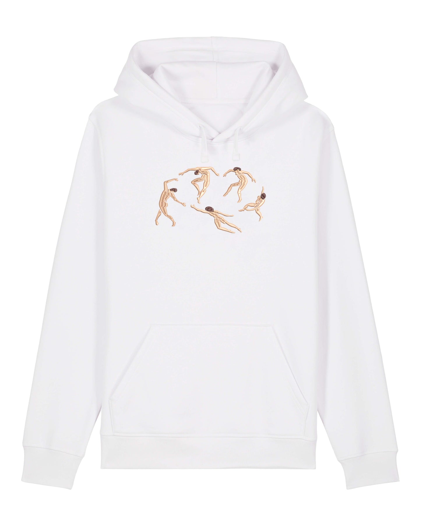 Minimalist embroidered hoodie featuring a Matisse-inspired design of five abstract human figures in motion. The beige and brown stitching contrasts against the black fabric, creating a vintage aesthetic.