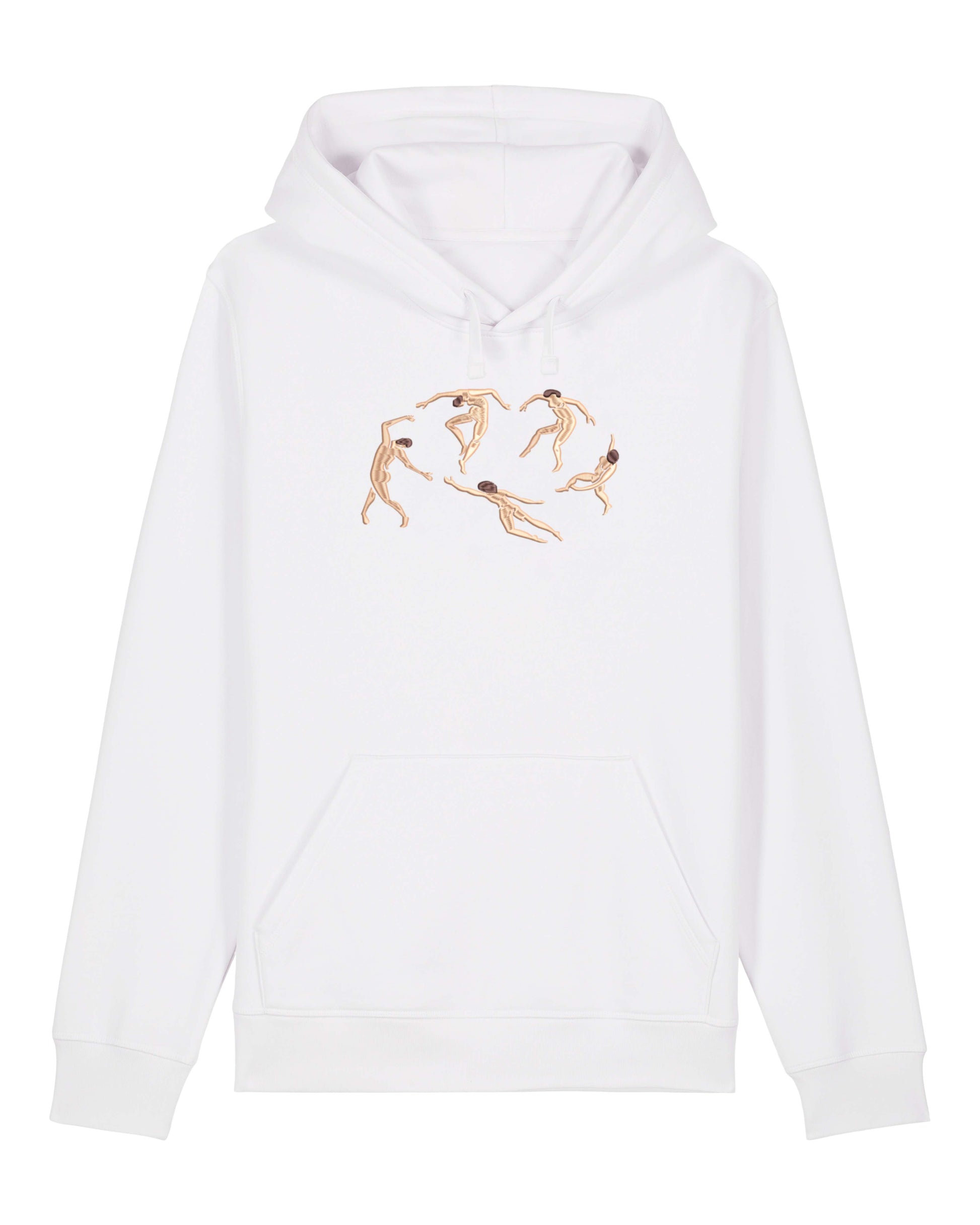 Minimalist embroidered hoodie featuring a Matisse-inspired design of five abstract human figures in motion. The beige and brown stitching contrasts against the black fabric, creating a vintage aesthetic.
