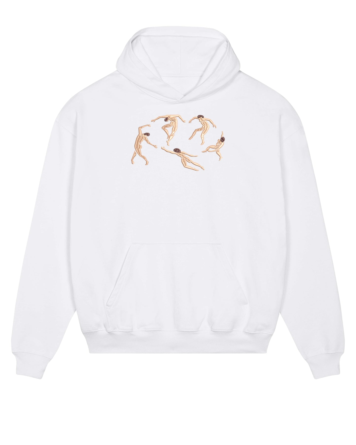 Black organic cotton hoodie with intricate embroidery depicting a reimagined version of Matisse’s "The Dance." Five stylized figures with flowing movements form a circular pattern.