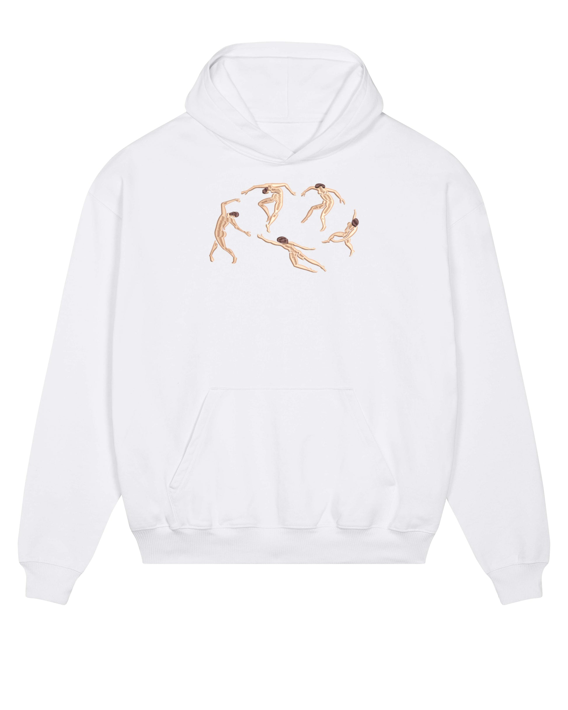 Black organic cotton hoodie with intricate embroidery depicting a reimagined version of Matisse’s "The Dance." Five stylized figures with flowing movements form a circular pattern.