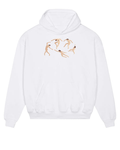 Black organic cotton hoodie with intricate embroidery depicting a reimagined version of Matisse’s "The Dance." Five stylized figures with flowing movements form a circular pattern.