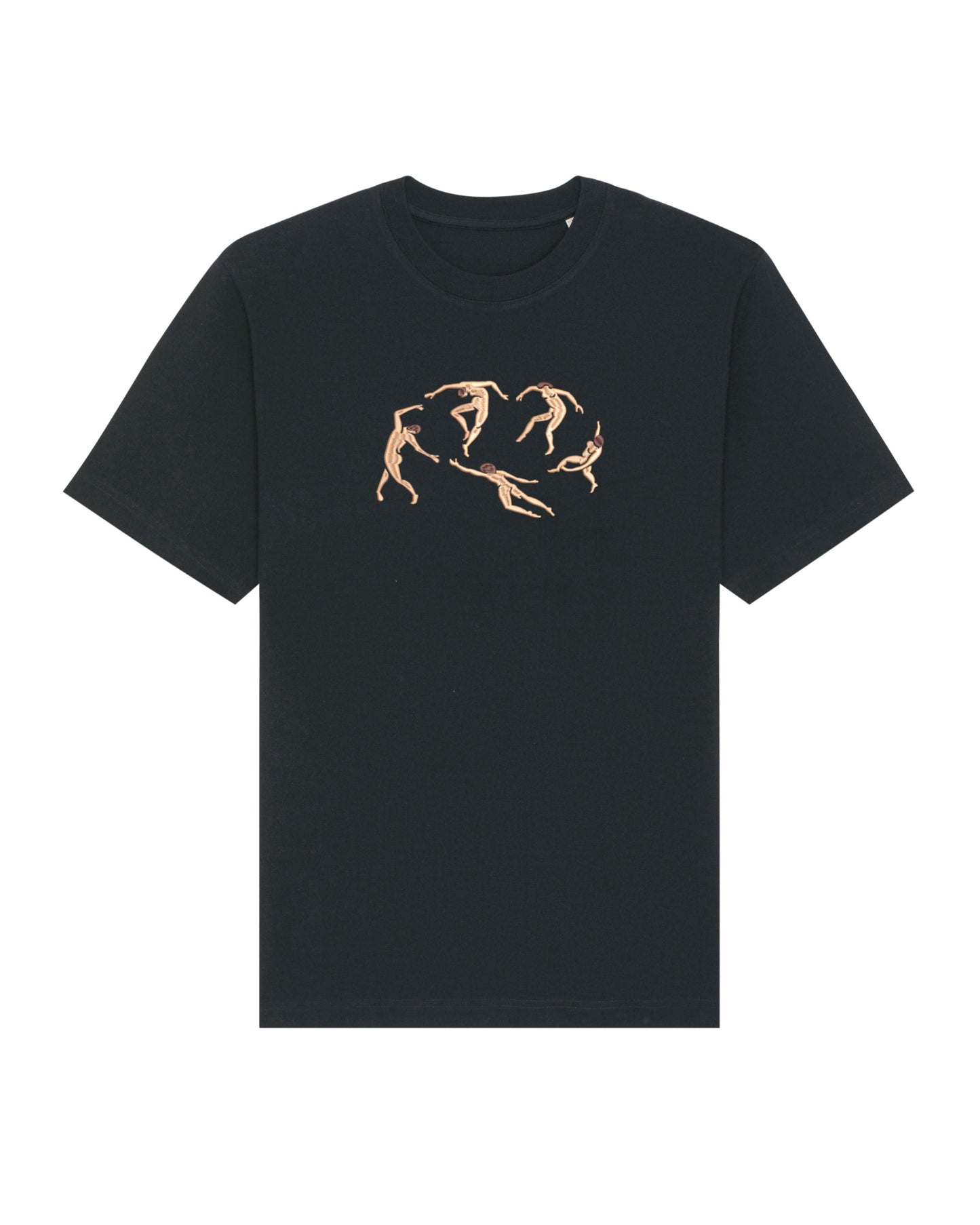 Minimalist embroidered t-shirt with a delicate Matisse-style composition of dancers. The organic cotton fabric adds comfort, while the artful design enhances the aesthetic.