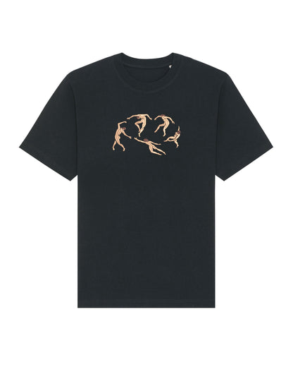 Minimalist embroidered t-shirt with a delicate Matisse-style composition of dancers. The organic cotton fabric adds comfort, while the artful design enhances the aesthetic.