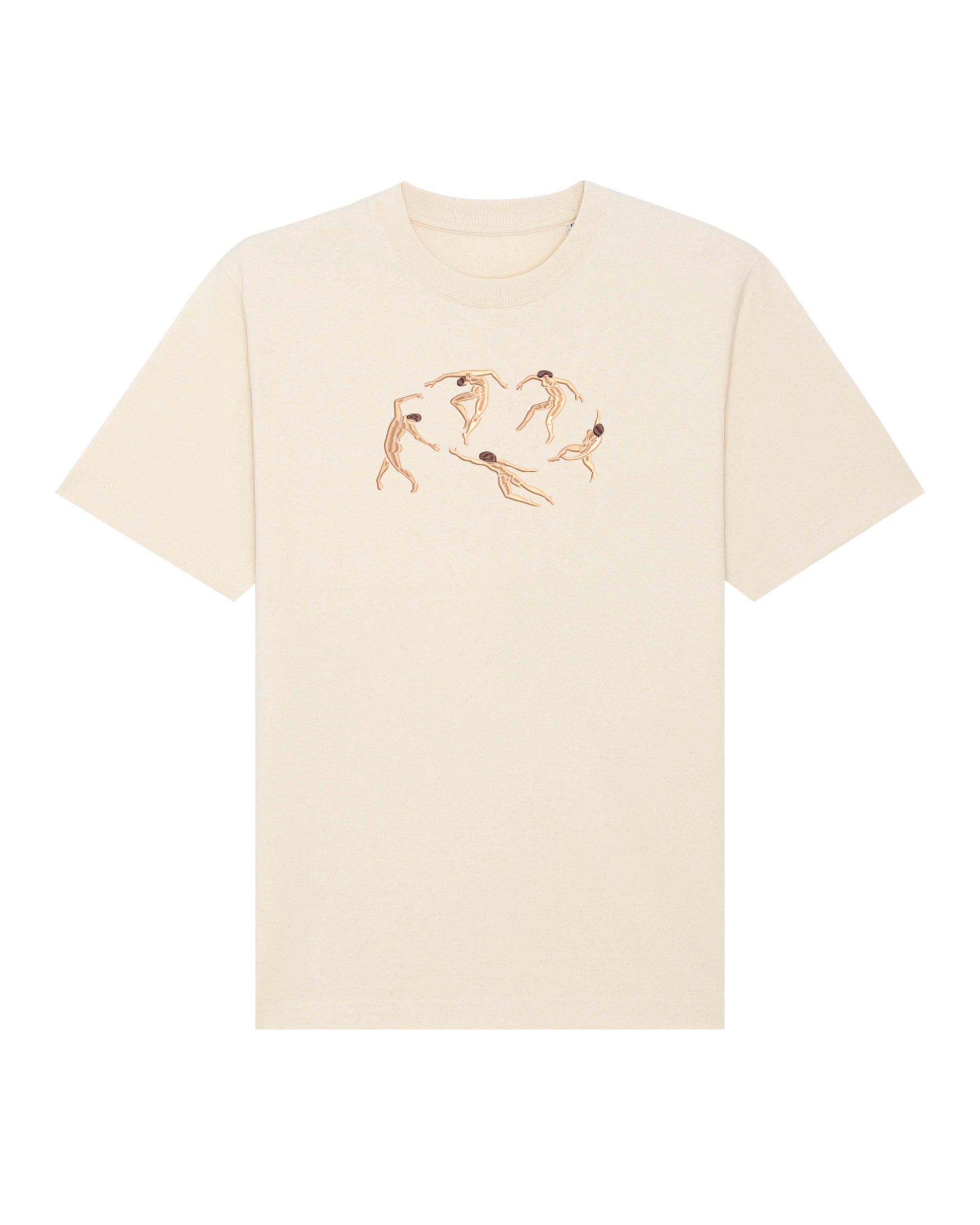 Unisex black t-shirt with an embroidered artwork of five abstract figures in movement. A wearable homage to Henri Matisse’s artistic vision, blending art with fashion.
