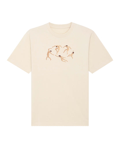 Unisex black t-shirt with an embroidered artwork of five abstract figures in movement. A wearable homage to Henri Matisse’s artistic vision, blending art with fashion.