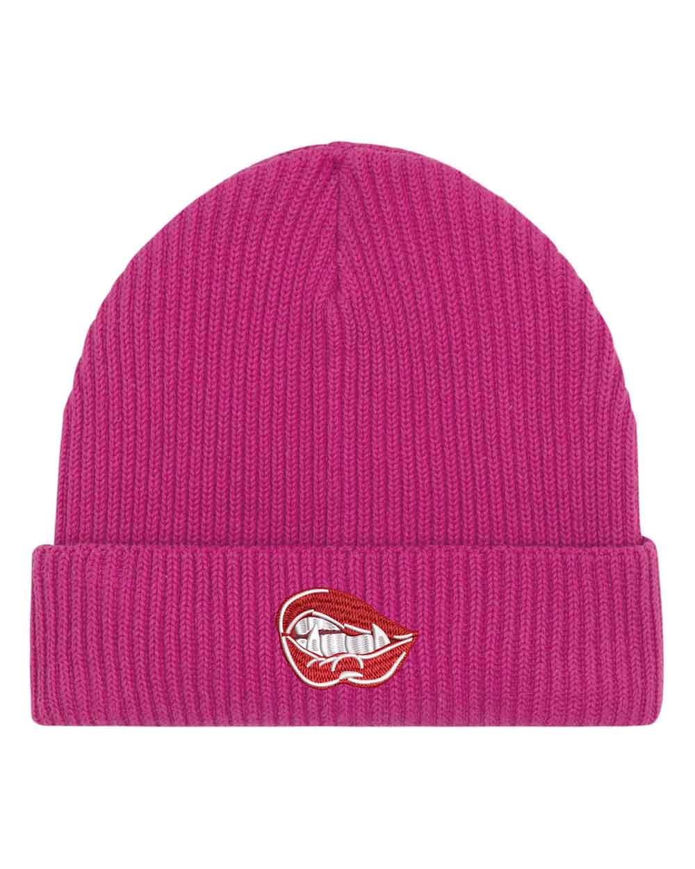 Căciulă roz din tricot reiat cu manșetă întoarsă, brodată cu buze de vampir pe partea frontală, un accesoriu minimalist și casual pentru orice ținută.