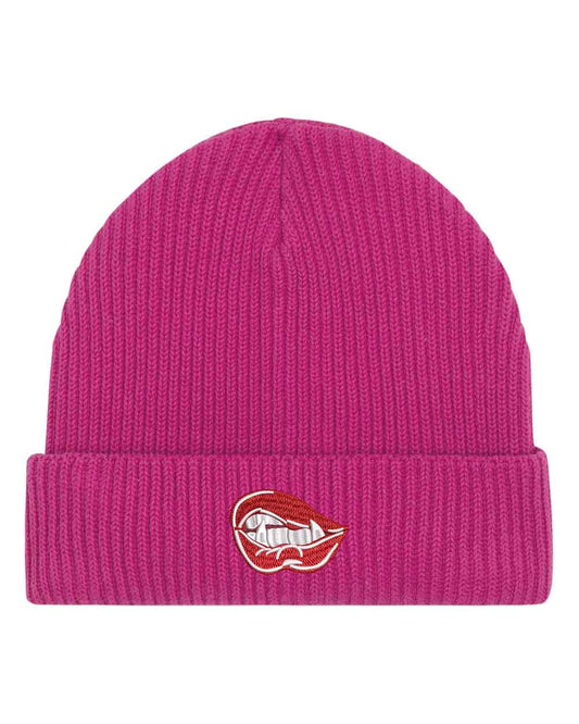 Căciulă roz din tricot reiat cu manșetă întoarsă, brodată cu buze de vampir pe partea frontală, un accesoriu minimalist și casual pentru orice ținută.