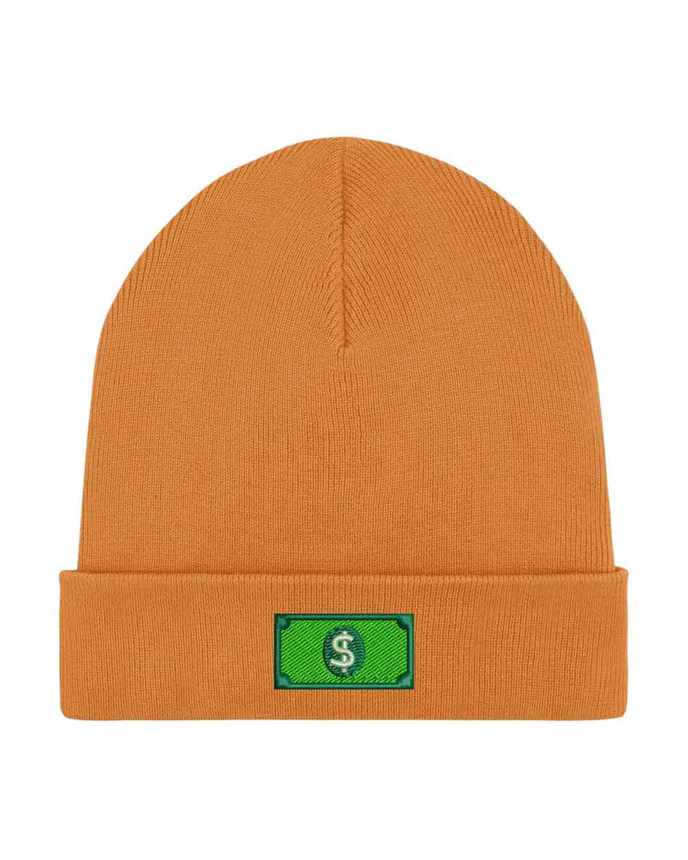 Căciulă portocalie din tricot cu manșetă întoarsă, brodată cu un design de bancnotă verde cu simbolul dolarului, un accesoriu original inspirat de bani și stil urban.