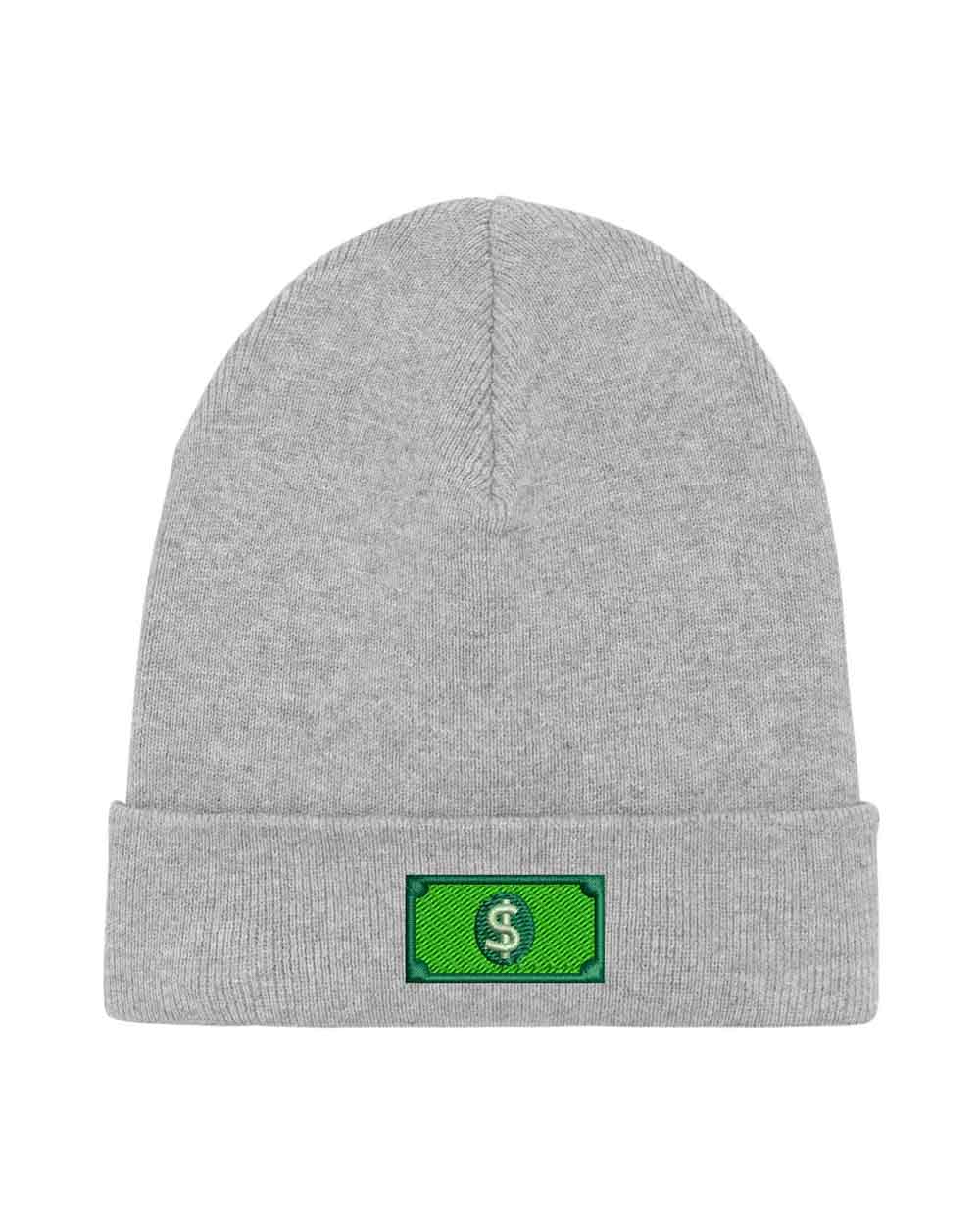 Căciulă gri din tricot cu manșetă întoarsă, brodată cu un design de bancnotă verde cu simbolul dolarului, un accesoriu original inspirat de bani și stil urban.