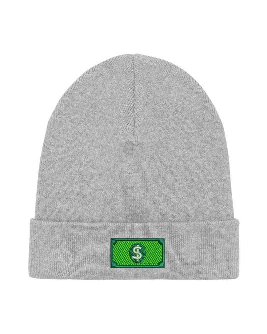 Căciulă gri din tricot cu manșetă întoarsă, brodată cu un design de bancnotă verde cu simbolul dolarului, un accesoriu original inspirat de bani și stil urban.