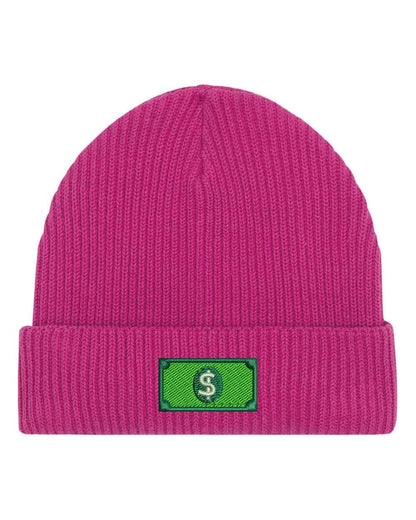 Căciulă roz din tricot cu manșetă întoarsă, brodată cu un design de bancnotă verde cu simbolul dolarului, un accesoriu original inspirat de bani și stil urban.