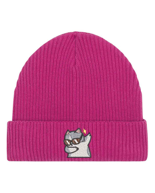 Căciulă roz din tricot reiat cu manșetă întoarsă, brodată cu o pisică simpatică purtând ochelari de soare pe partea frontală, un accesoriu amuzant și stilat pentru iubitorii de feline.