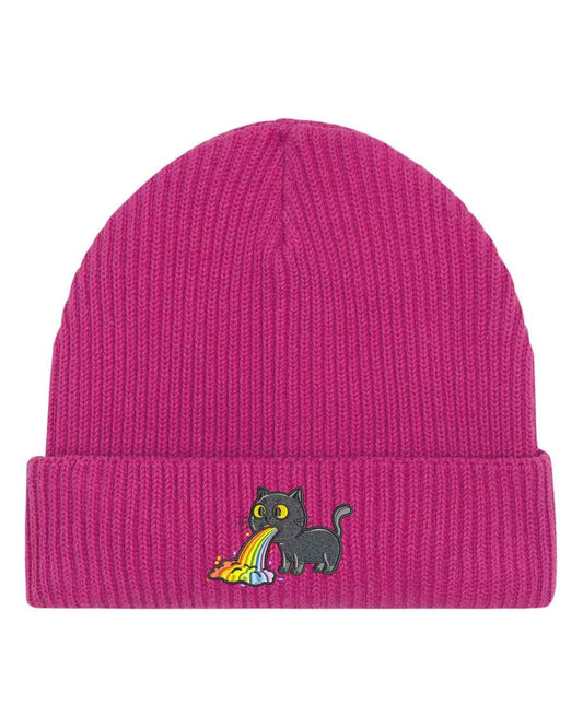 Căciulă roz din tricot reiat, brodată cu o pisică neagră care vomita un curcubeu pe partea frontală, un accesoriu amuzant și colorat pentru un stil casual.