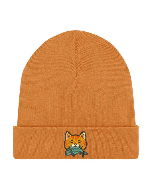 Căciulă portocalie din tricot reiat, brodată cu o pisică simpatică ce ține un pește pe partea frontală, un accesoriu adorabil pentru iubitorii de animale.
