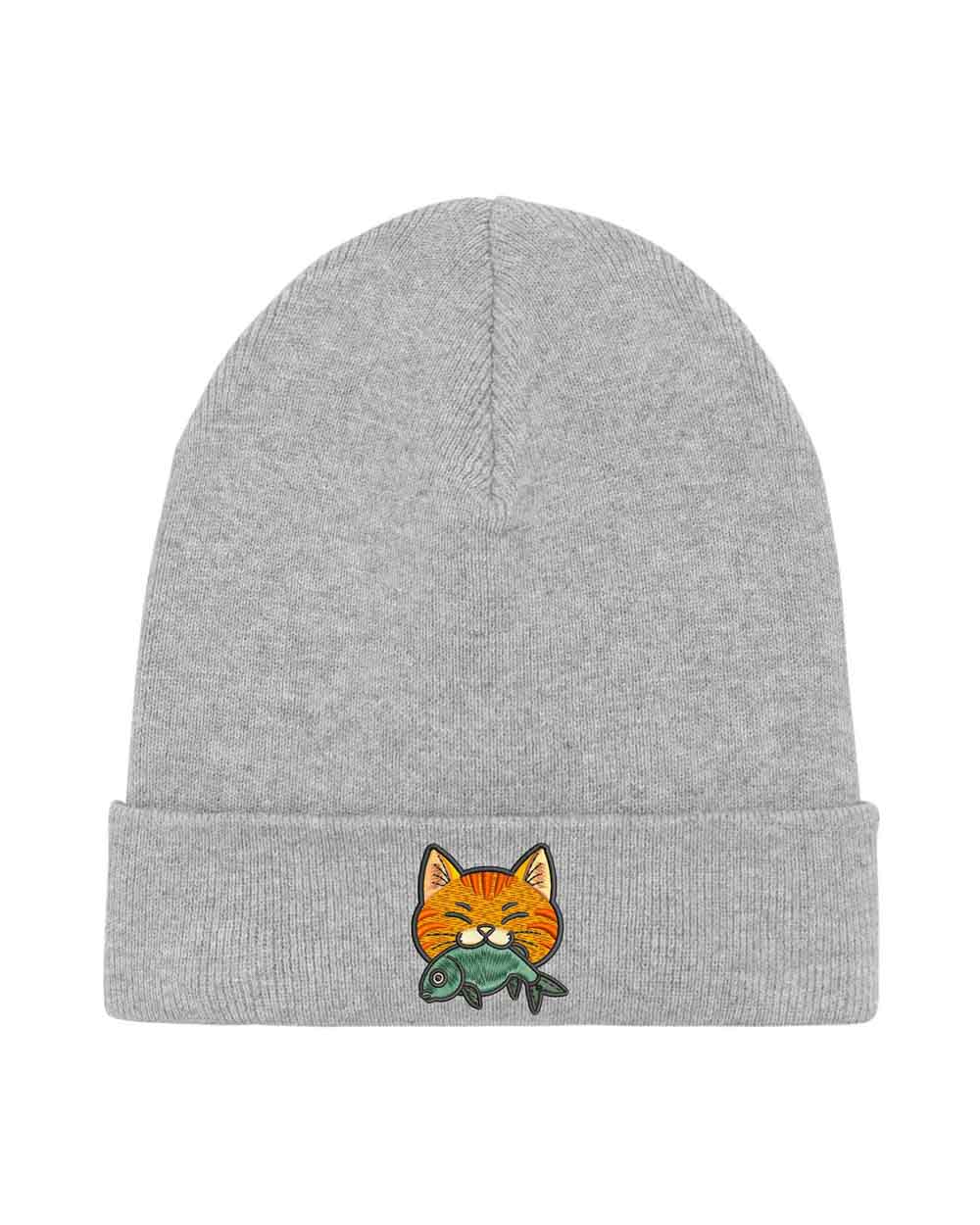 Căciulă gri din tricot reiat, brodată cu o pisică simpatică ce ține un pește pe partea frontală, un accesoriu adorabil pentru iubitorii de animale.