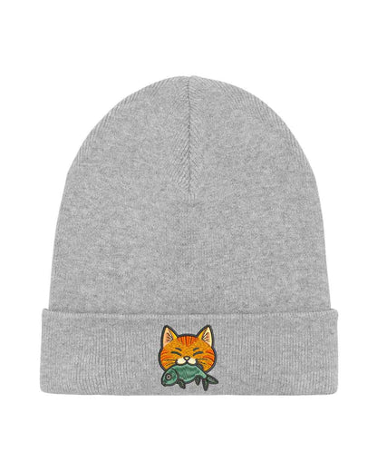 Căciulă gri din tricot reiat, brodată cu o pisică simpatică ce ține un pește pe partea frontală, un accesoriu adorabil pentru iubitorii de animale.