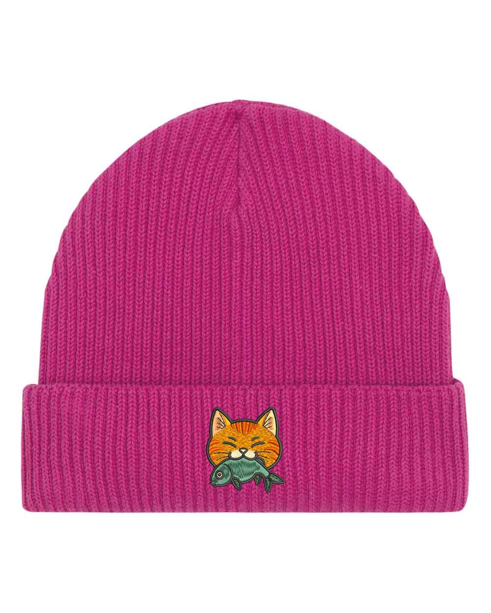 Căciulă mov din tricot reiat, brodată cu o pisică simpatică ce ține un pește pe partea frontală, un accesoriu adorabil pentru iubitorii de animale.