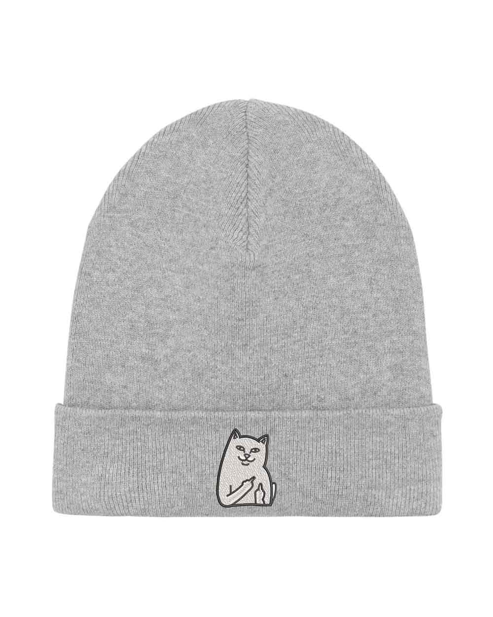 Căciulă gri din tricot reiat cu manșetă întoarsă, brodată cu o pisica pe partea frontală, un accesoriu modern și casual pentru iubitorii de pisici.