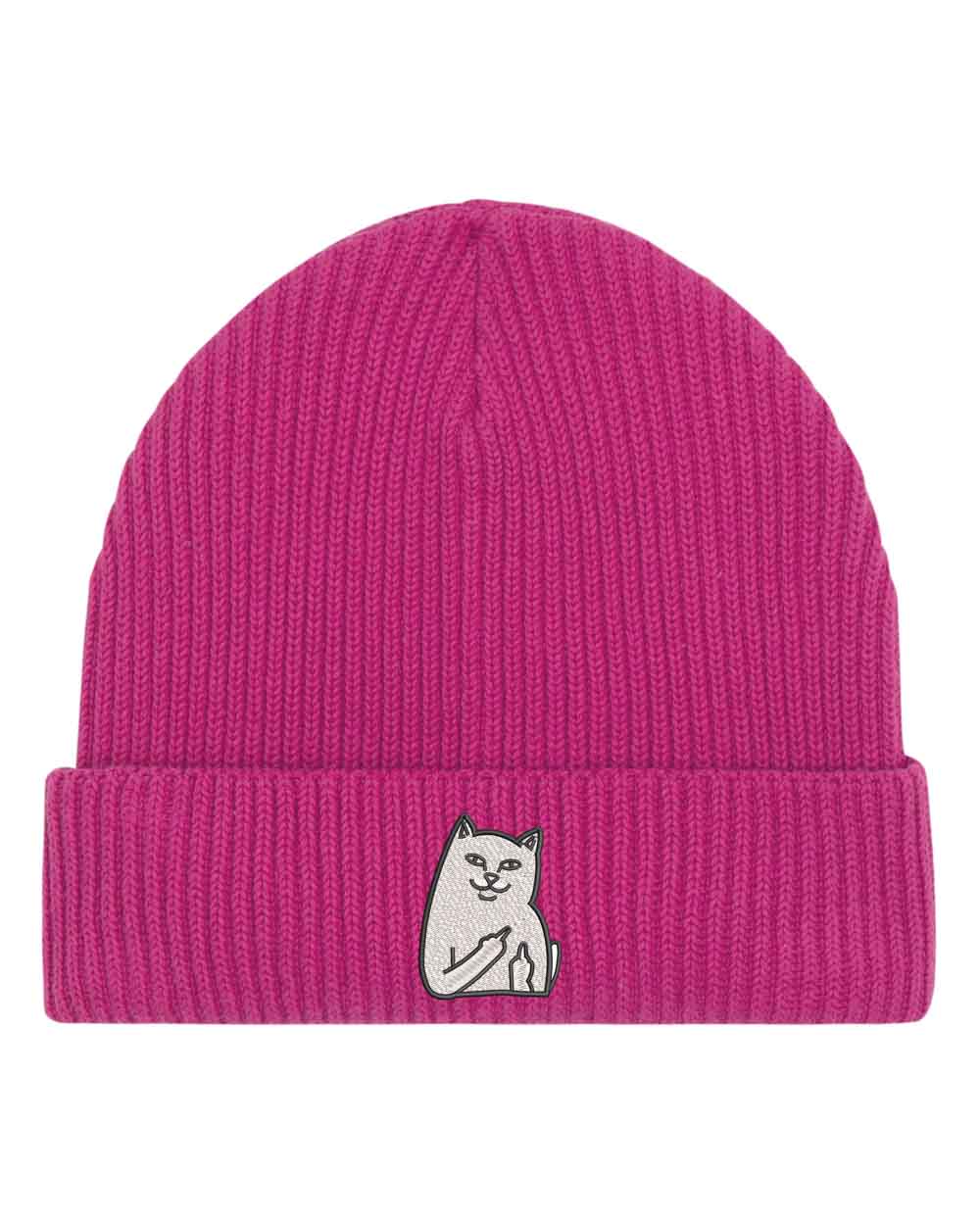 Căciulă roz din tricot reiat cu manșetă întoarsă, brodată cu o pisica pe partea frontală, un accesoriu modern și casual pentru iubitorii de pisici.