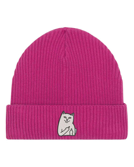 Căciulă roz din tricot reiat cu manșetă întoarsă, brodată cu o pisica pe partea frontală, un accesoriu modern și casual pentru iubitorii de pisici.