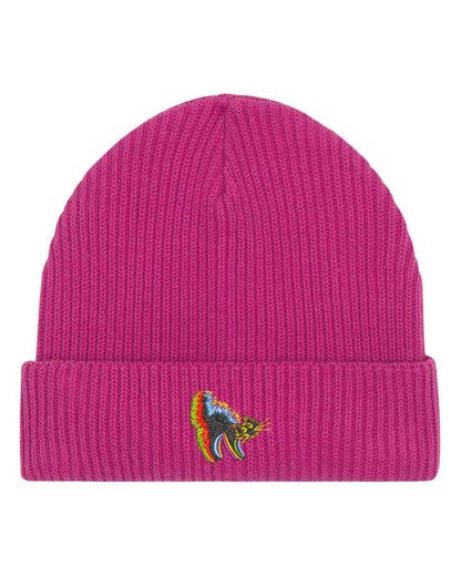 Căciulă roz din tricot reiat cu manșetă întoarsă, brodată cu un patch multicolor în formă de pisica pe partea frontală, un accesoriu delicat și colorat pentru un stil casual.