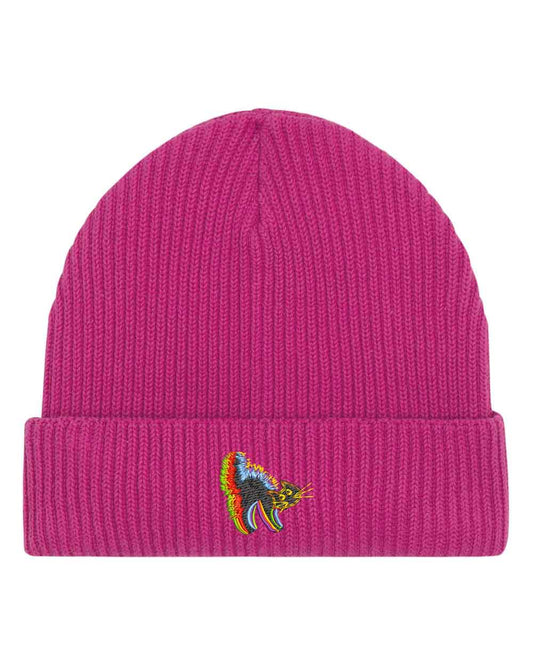 Căciulă roz din tricot reiat cu manșetă întoarsă, brodată cu un patch multicolor în formă de pisica pe partea frontală, un accesoriu delicat și colorat pentru un stil casual.