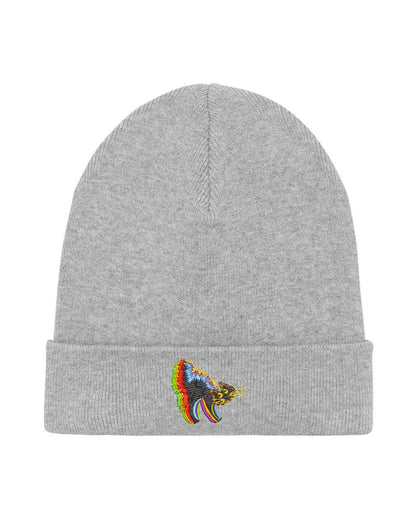 Căciulă gri din tricot reiat cu manșetă întoarsă, brodată cu un patch multicolor în formă de pisica pe partea frontală, un accesoriu delicat și colorat pentru un stil casual.