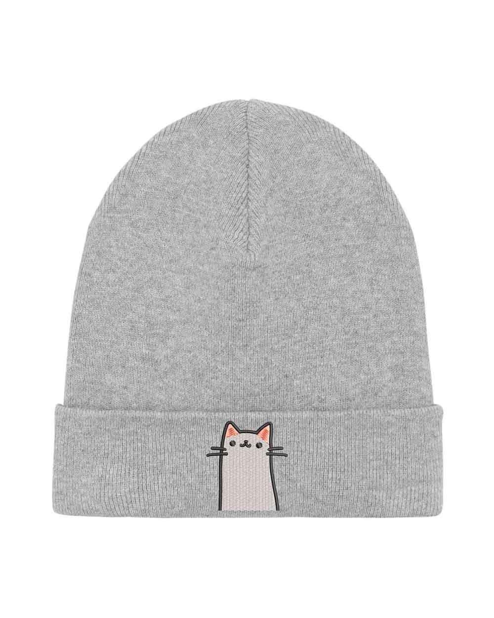 Căciulă gri din tricot reiat cu manșetă întoarsă, brodată cu o pisica pe partea frontală, un accesoriu adorabil pentru iubitorii de pisici.