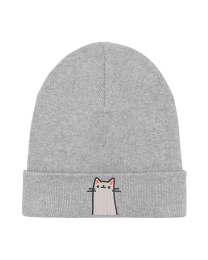 Căciulă gri din tricot reiat cu manșetă întoarsă, brodată cu o pisica pe partea frontală, un accesoriu adorabil pentru iubitorii de pisici.