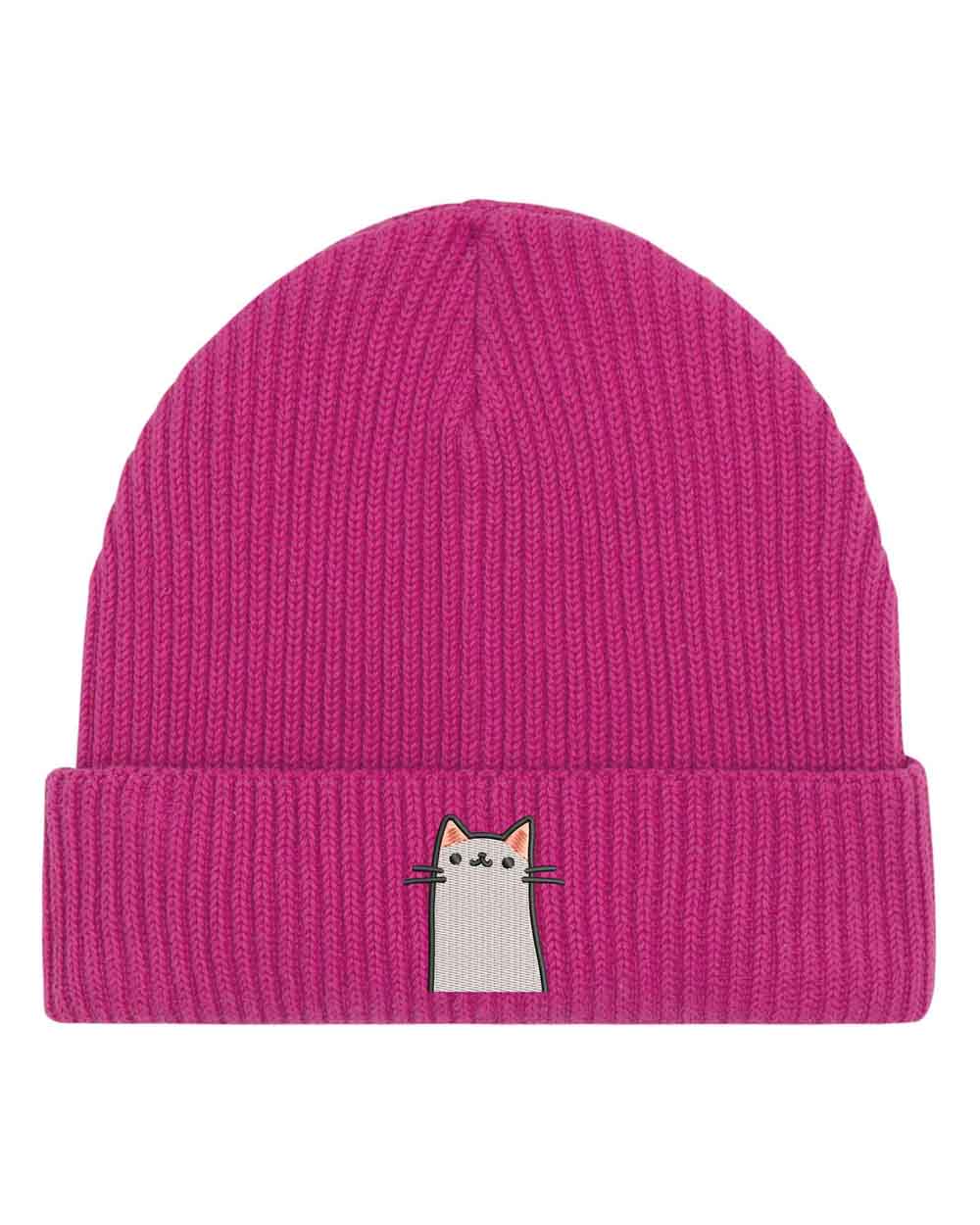 Căciulă roz din tricot reiat cu manșetă întoarsă, brodată cu o pisica pe partea frontală, un accesoriu adorabil pentru iubitorii de pisici.