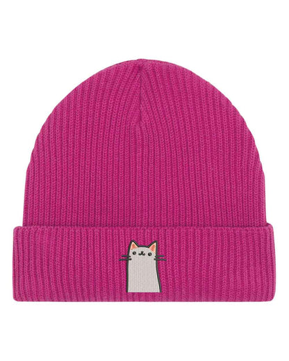 Căciulă roz din tricot reiat cu manșetă întoarsă, brodată cu o pisica pe partea frontală, un accesoriu adorabil pentru iubitorii de pisici.