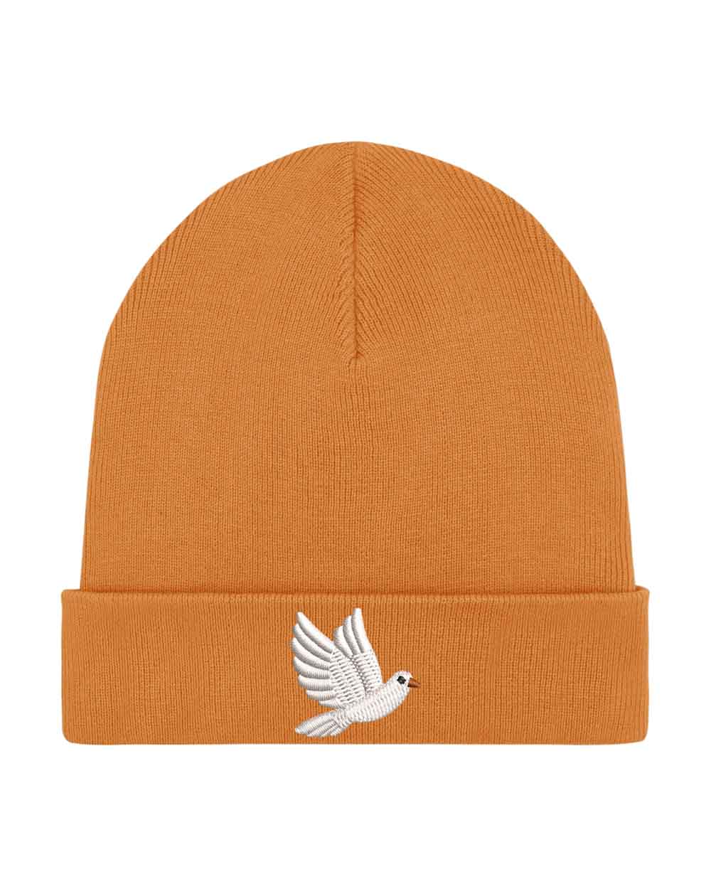 Căciulă portocalie din tricot cu manșetă întoarsă, brodată cu un porumbel alb în zbor pe partea frontală, un accesoriu elegant și minimalist pentru un stil casual.