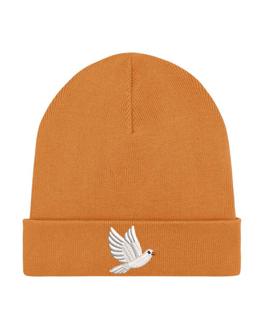 Căciulă portocalie din tricot cu manșetă întoarsă, brodată cu un porumbel alb în zbor pe partea frontală, un accesoriu elegant și minimalist pentru un stil casual.