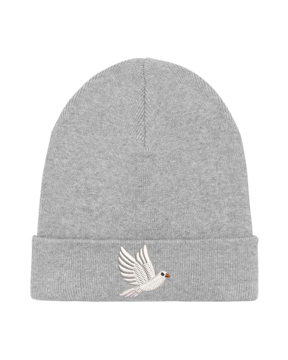 Căciulă gri din tricot cu manșetă întoarsă, brodată cu un porumbel alb în zbor pe partea frontală, un accesoriu elegant și minimalist pentru un stil casual.