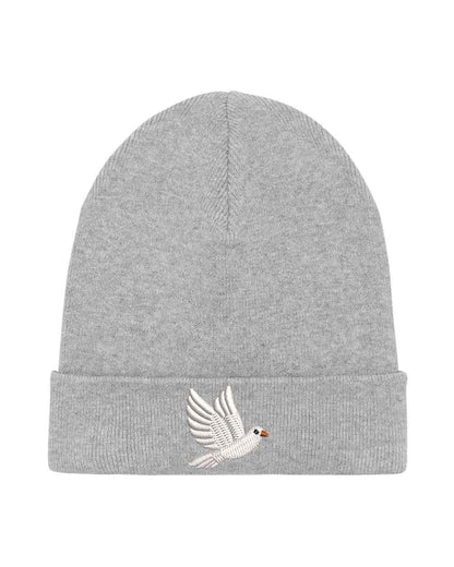 Căciulă gri din tricot cu manșetă întoarsă, brodată cu un porumbel alb în zbor pe partea frontală, un accesoriu elegant și minimalist pentru un stil casual.