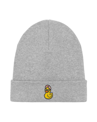 Căciulă gri din tricot cu manșetă întoarsă, brodată cu o rață simpatică purtând ochelari de soare pe partea frontală, un accesoriu amuzant și jucăuș pentru un stil casual.